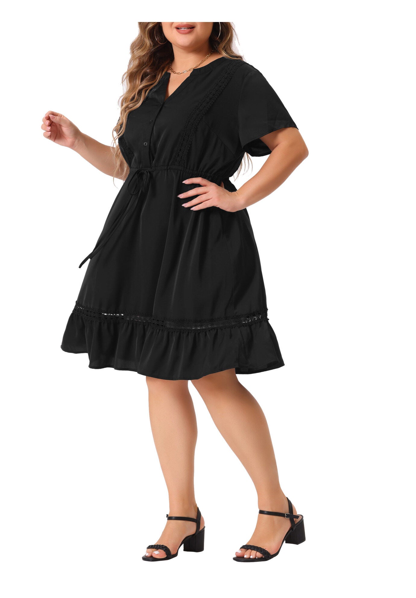 Button V Neck Summer Midi Ruffle A Line Swing Dress, Black / Black, alternate image number 1