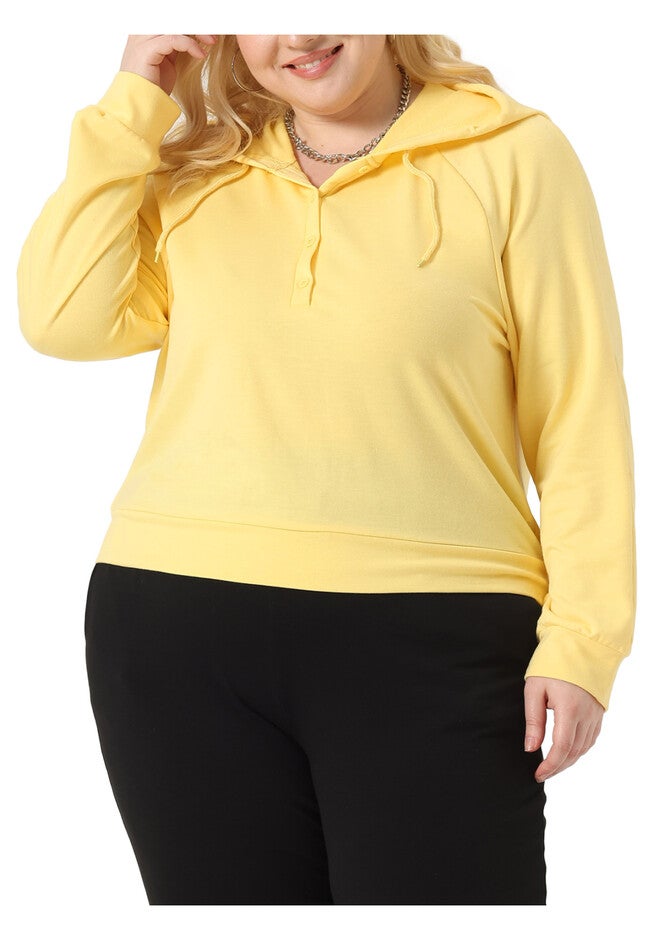 Button Collar Drawstring Hoodies Pullover Sweatshirt Top, Yellow / Light Yellow, alternate image number null