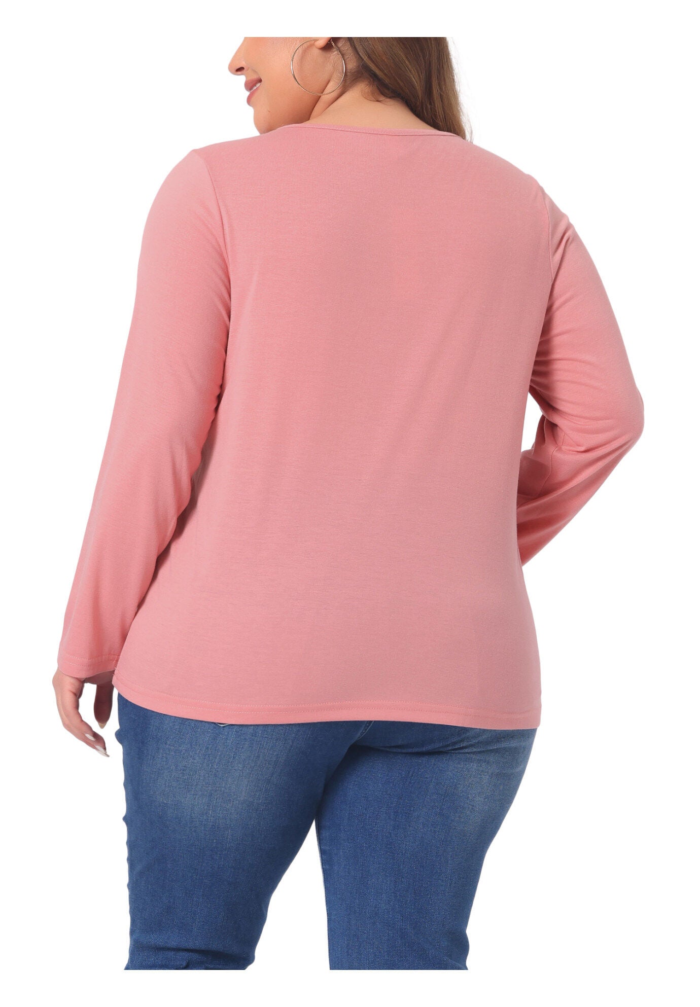 CROSS V NECK LONG SLEEVES T-SHIRT TOP, Pink / Pink, alternate image number 3