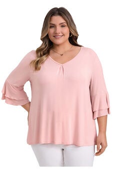 V Neck Double Layered Ruffle 3/4 Sleeve Pleated Front Blouse