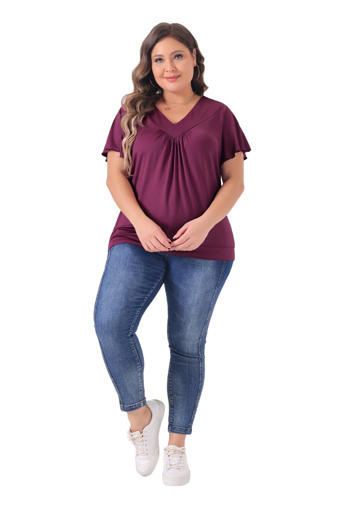 V Neck Ruffle Short Sleeve T-Shirt Top, Purple Red / Purple, hi-res image number 0