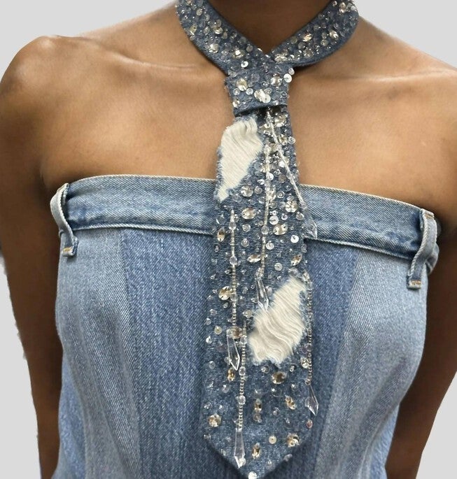 FRAYED CRYSTAL TIE IN DENIM, , alternate image number null
