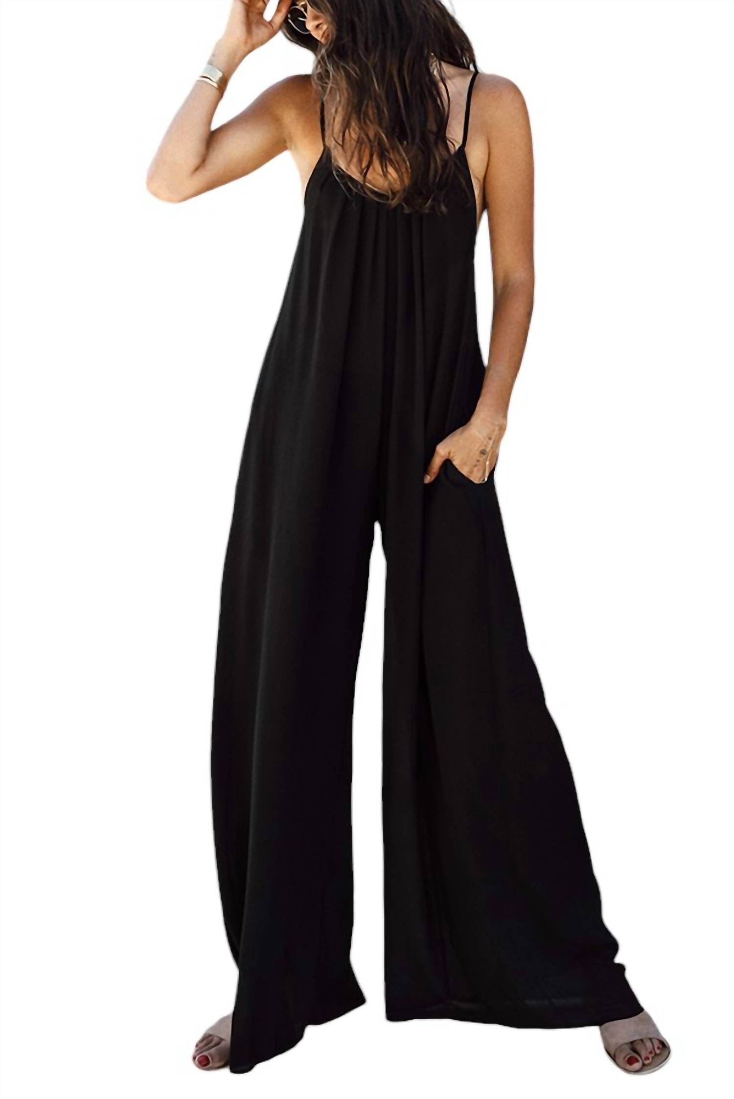 Pleated V Neck Jumpsuit Side Pocket, Black / Black, alternate image number 1