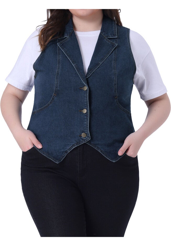 LAPEL SLEEVELESS WAISTCOAT JEAN DENIM VEST, Dark Blue / Navy, alternate image number 2
