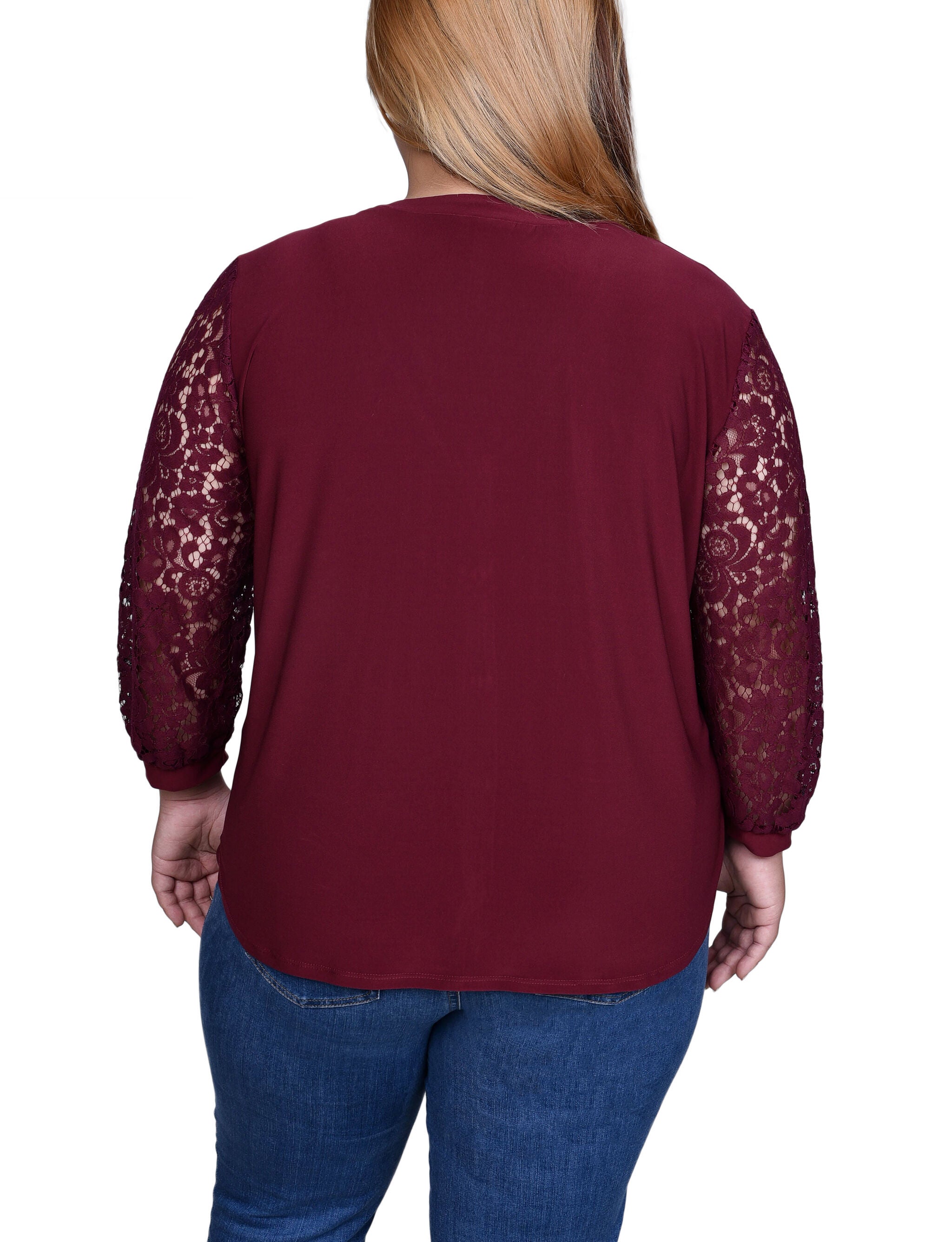 Lace-Sleeve V Neck Top, Rhododendron, alternate image number 1