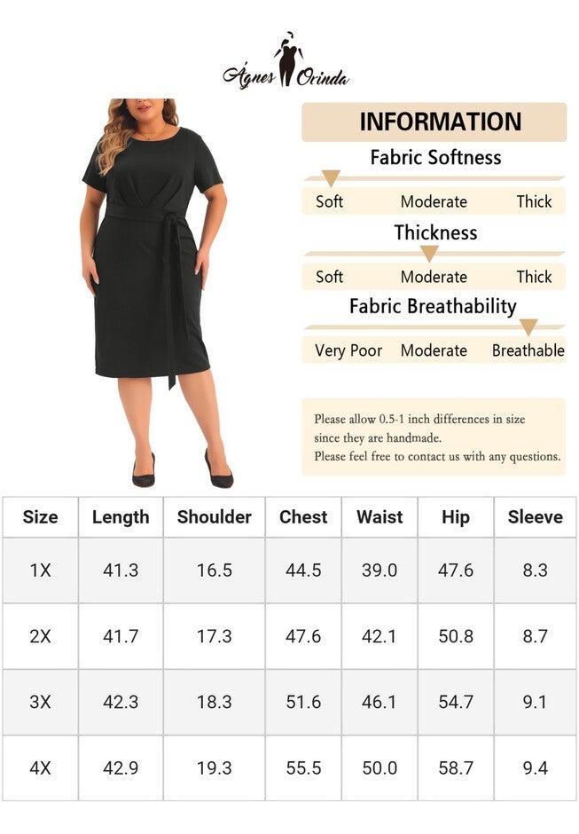 Round Neck Short Sleeve Belted Knot Tie Midi Dress, Black / Black, alternate image number 4