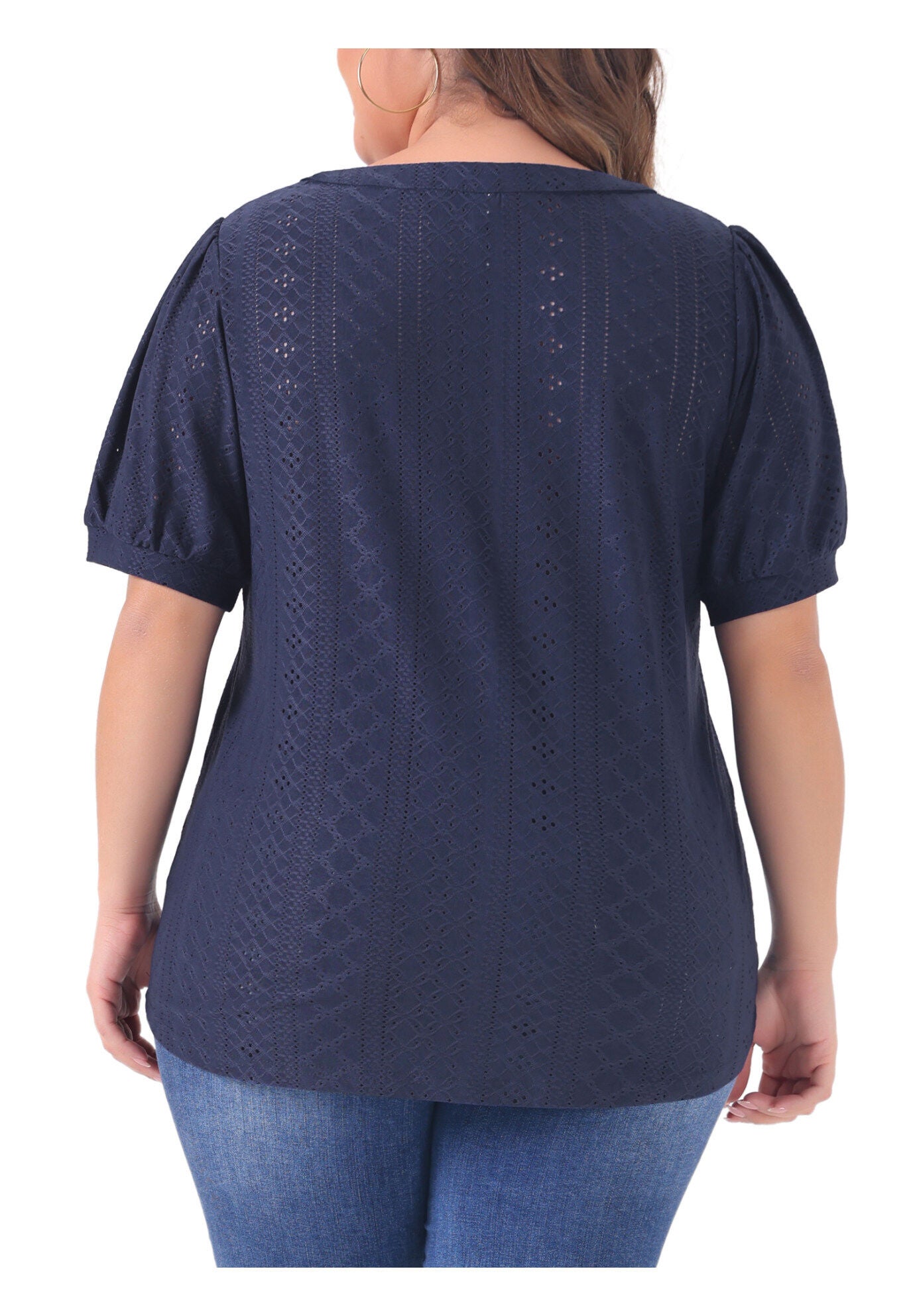 Hollow Casual V Neck Short Sleeve Summer Blouse, Navy Blue / Navy, alternate image number 3
