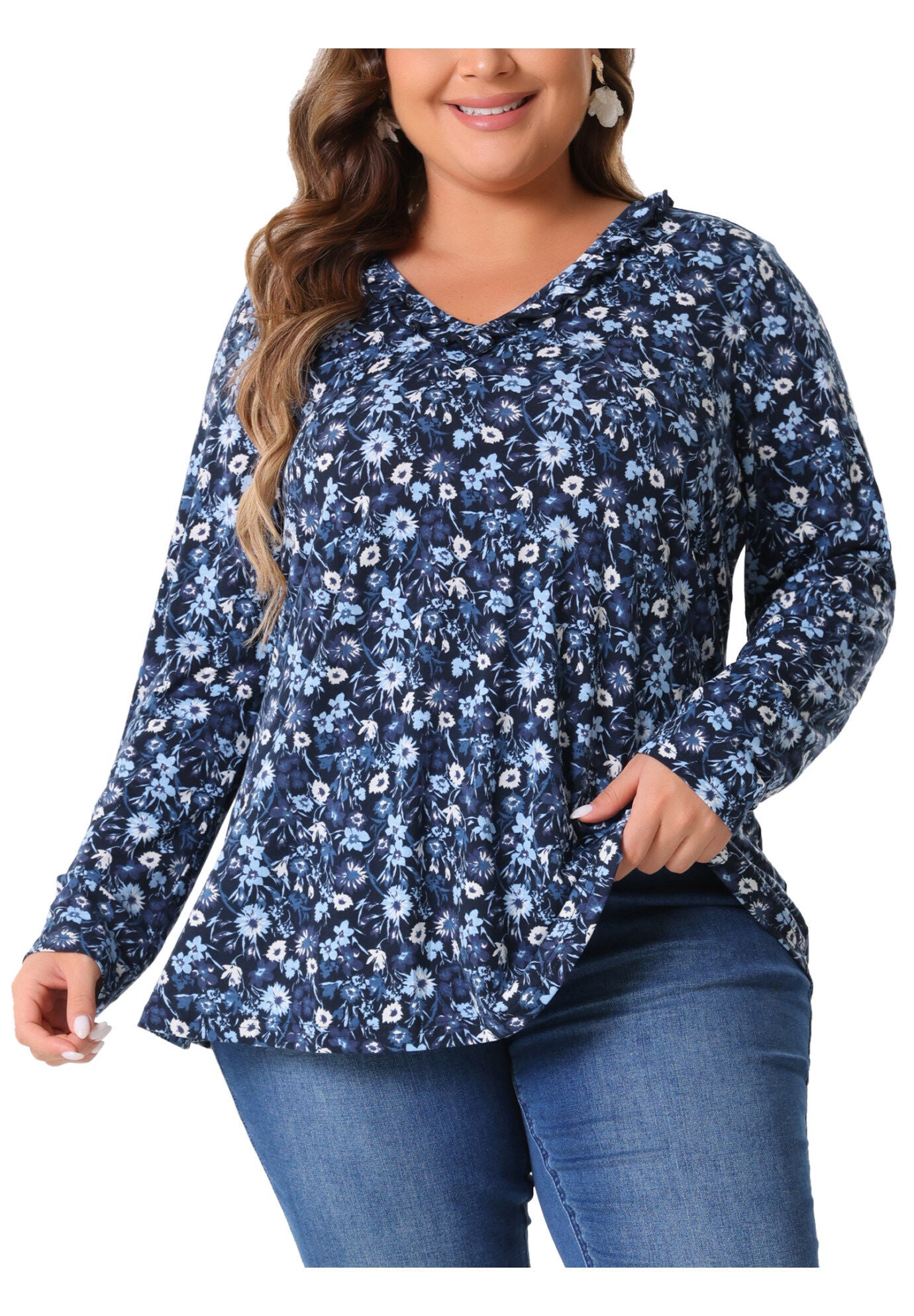Floral V Neck Long Sleeve Ruffle Tunic Blouse Top, Navy Blue / Navy, alternate image number 2