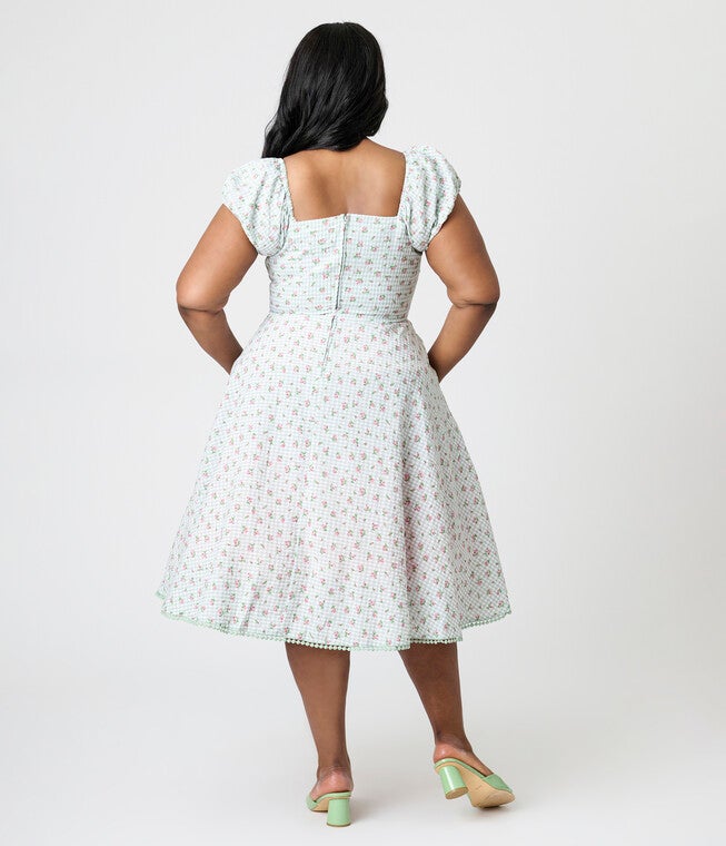 Unique Vintage Plus Size Green Floral Gingham Print Swing Dress, Kelly Green / Kelly Green, alternate image number 2