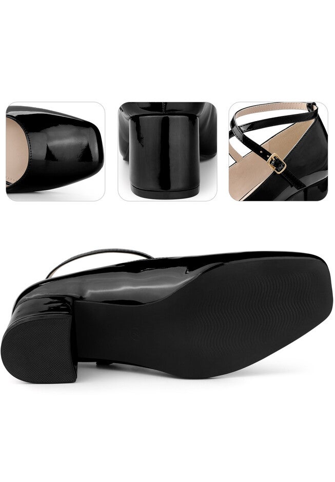 Mary Jane Square Toe Heels Pumps, Black / Black, alternate image number 3