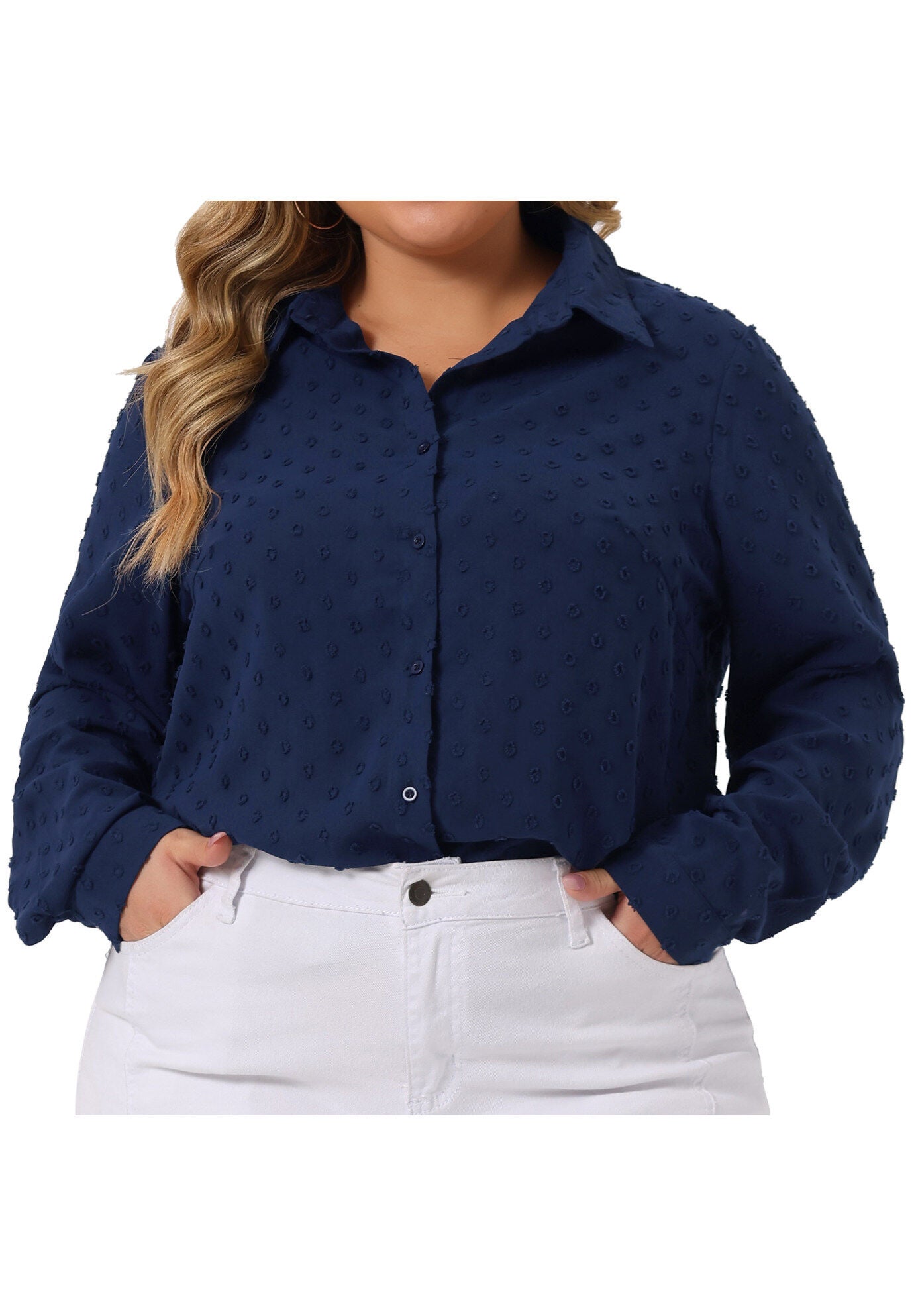 Swiss Dots Long Sleeve Button Down Shirt Blouse, Navy Blue / Navy, alternate image number 1