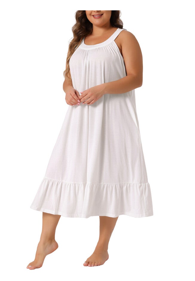Tank Sleeveless Wide Strap Chemise Pleated Nightdress with Pockets, White / White, alternate image number 1