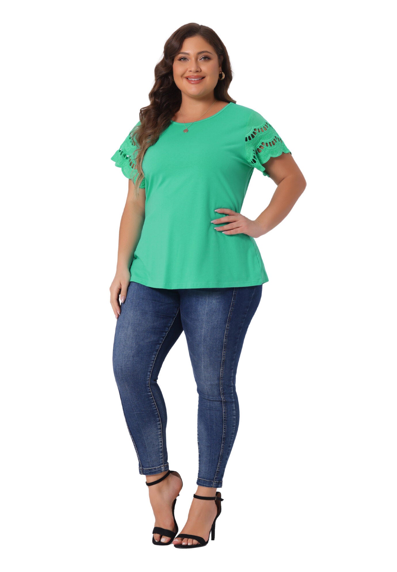 Lace Panel Hollow Short Sleeve Summer Blouse, Light Green / Light Green, hi-res image number 0