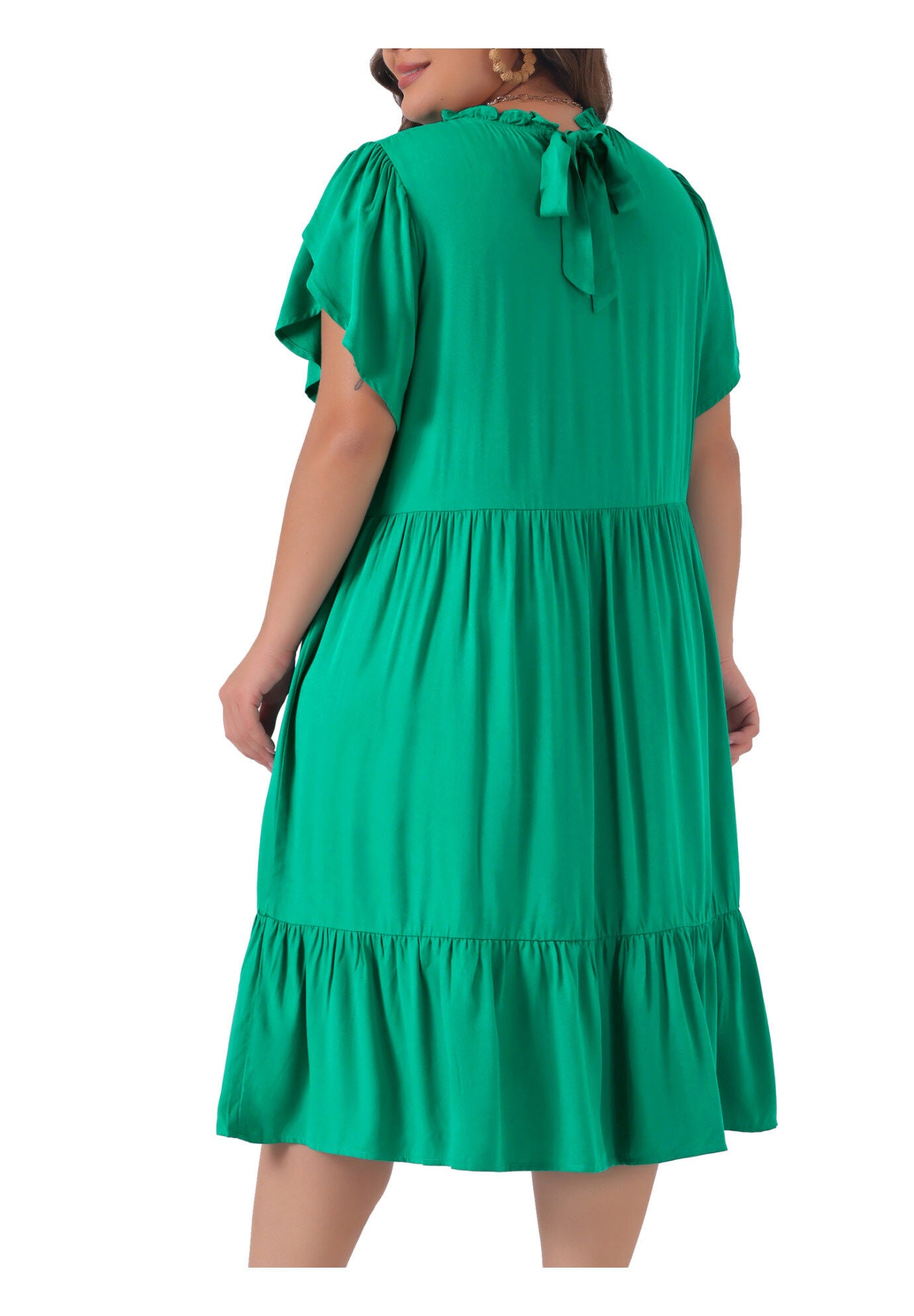 TIE BACK PETAL SLEEVE MOCK NECK RUFFLE HEM A-LINE SWING MIDI DRESS, Green / Kelly Green, alternate image number 3