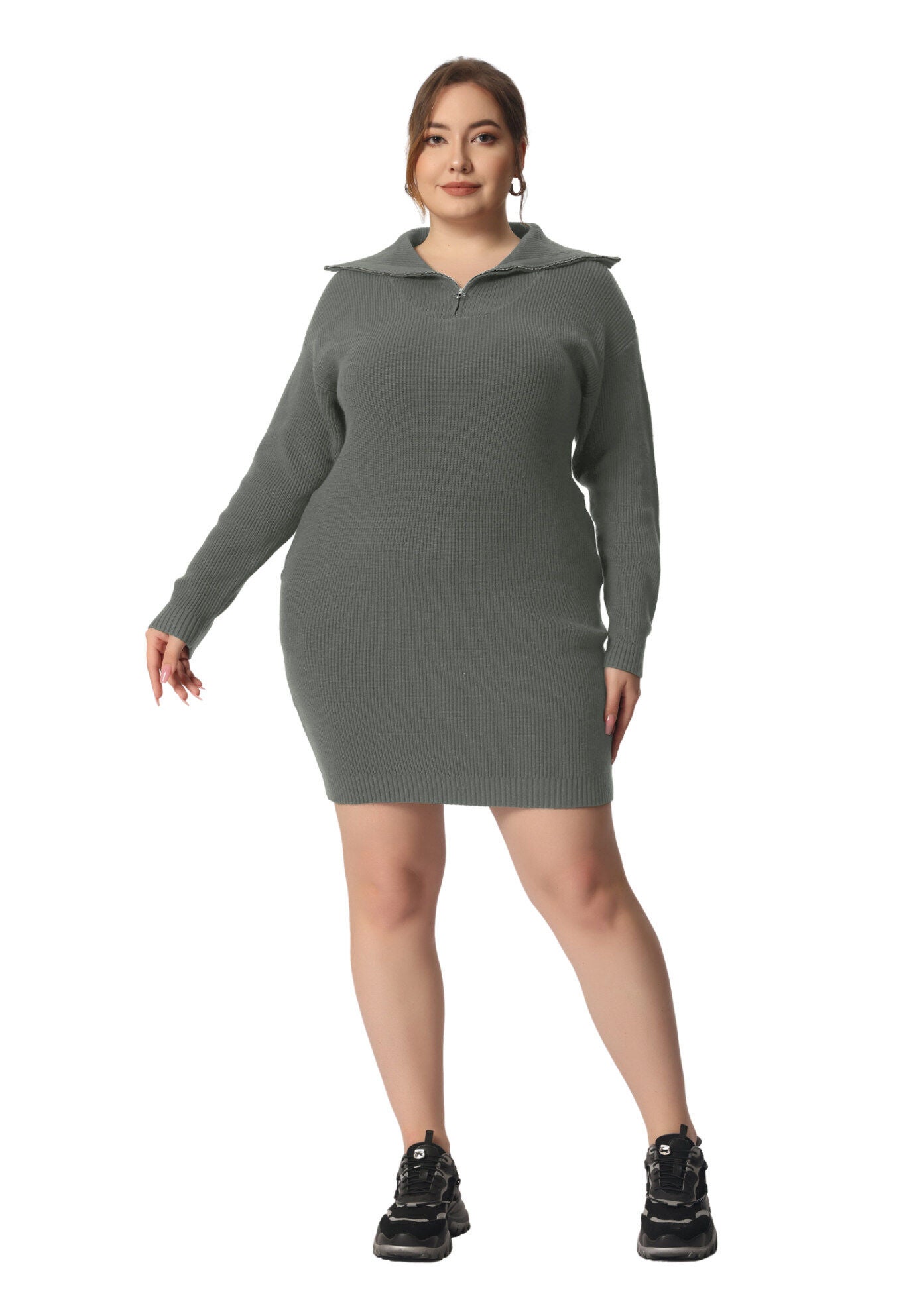 Knit Foldover Collar Loose Pullover Jumper Sweater, Gray / Charcoal Grey, hi-res image number 0