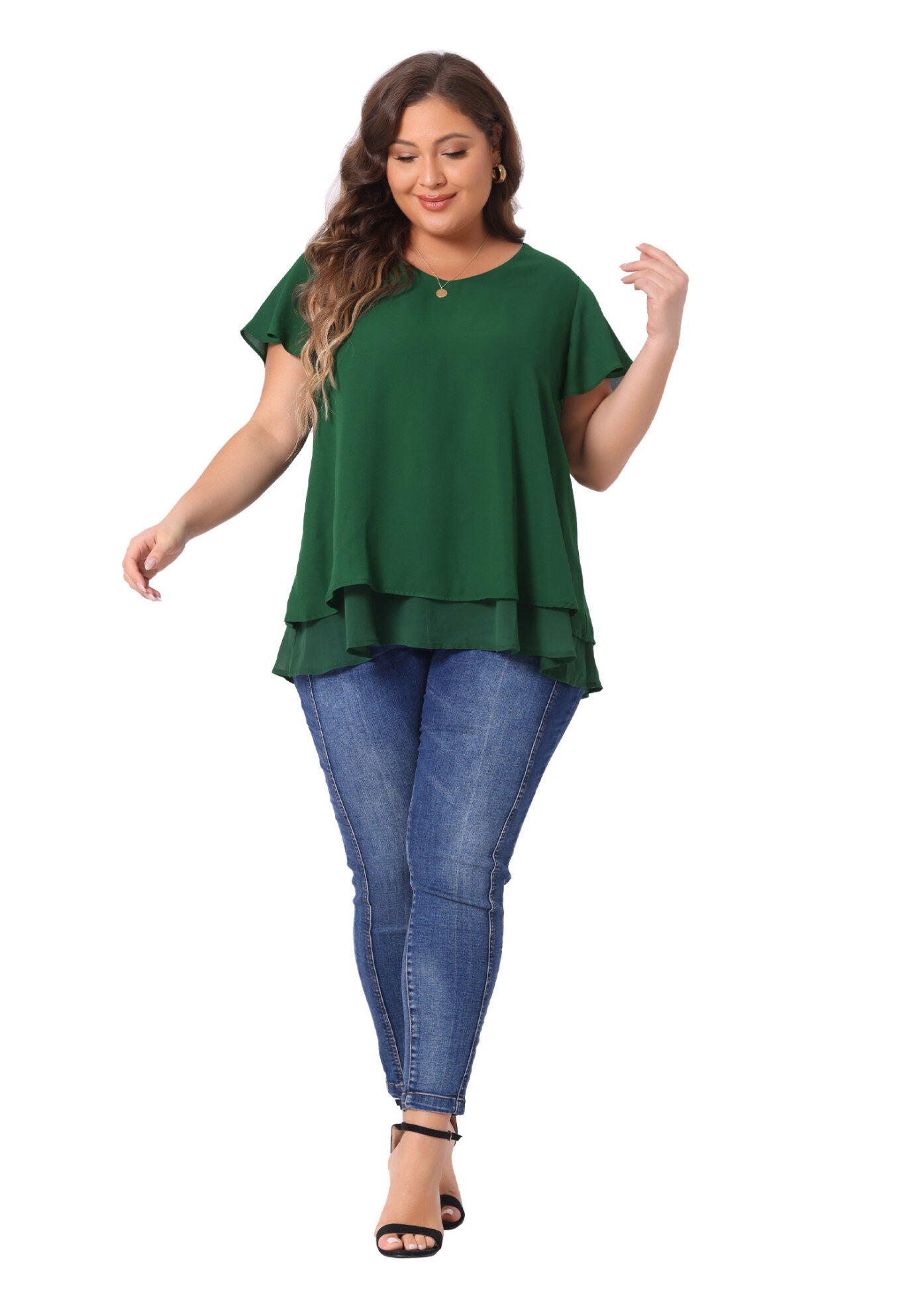 Summer Top Ruffle Short Sleeve V Neck Double Layered Hem Chiffon Blouse, Green / Forest Green, hi-res image number 0