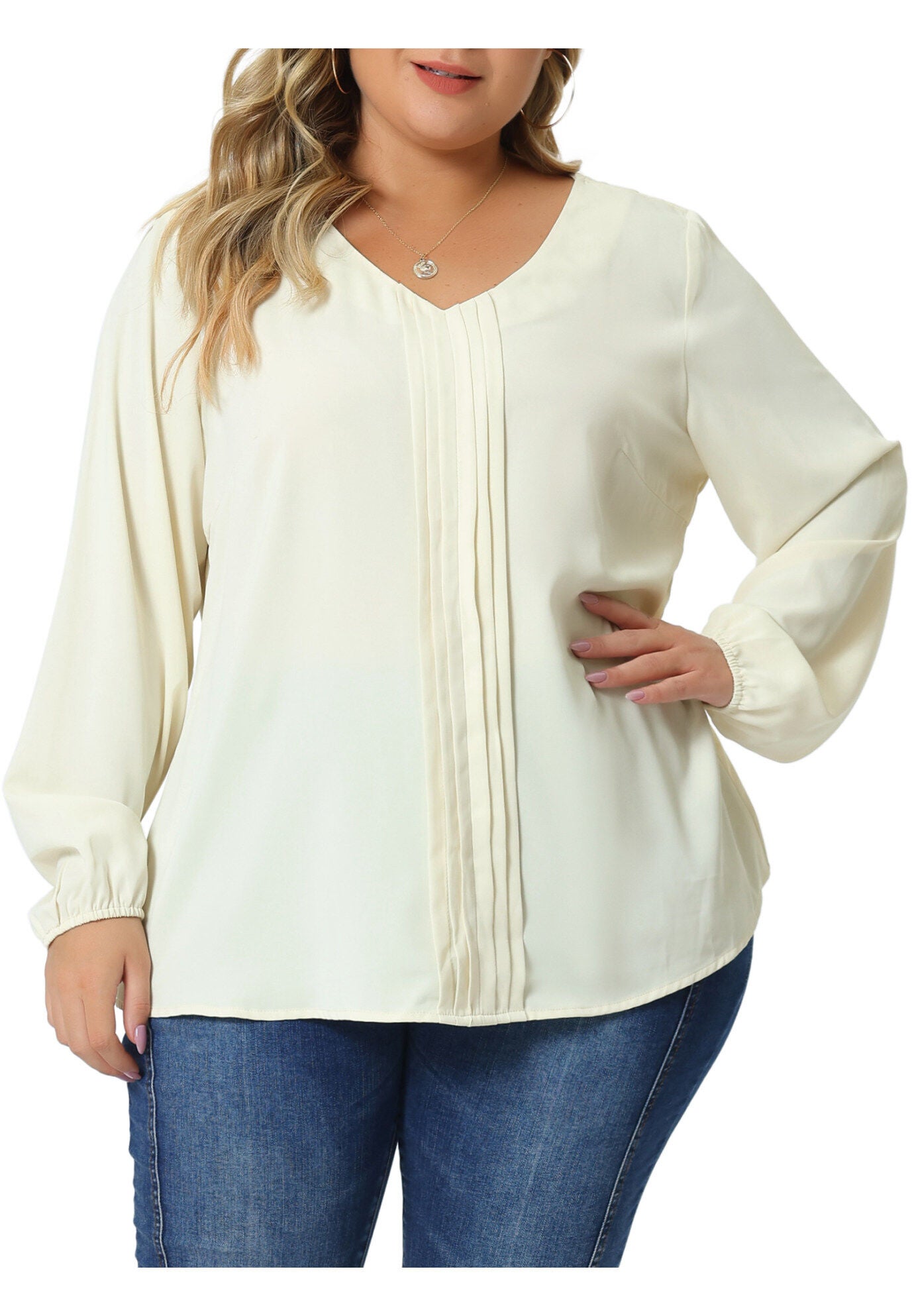 Long Sleeve Flowy Shirt Pleated V Neck Blouse, Apricot / Cream, alternate image number 2
