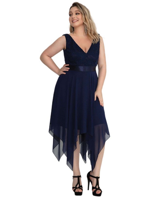 Stunning V Neck Lace Dress with Asymmetrical Hems, , alternate image number 7