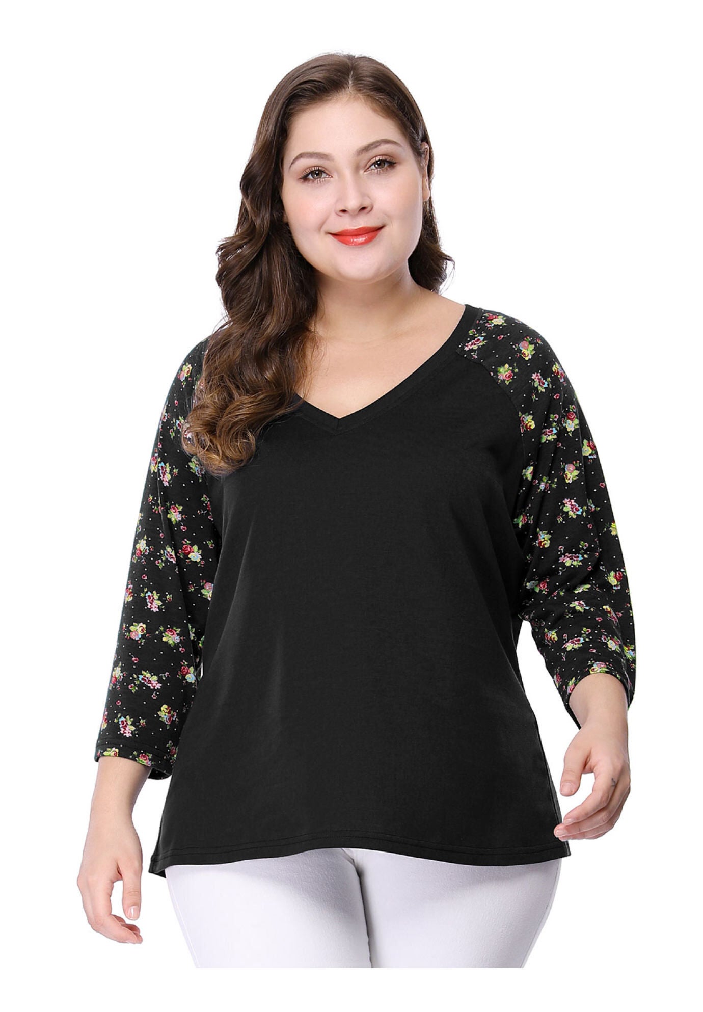 Casual V Neck 3/4 Sleeve Floral Raglan Top, Black / Black, alternate image number 1