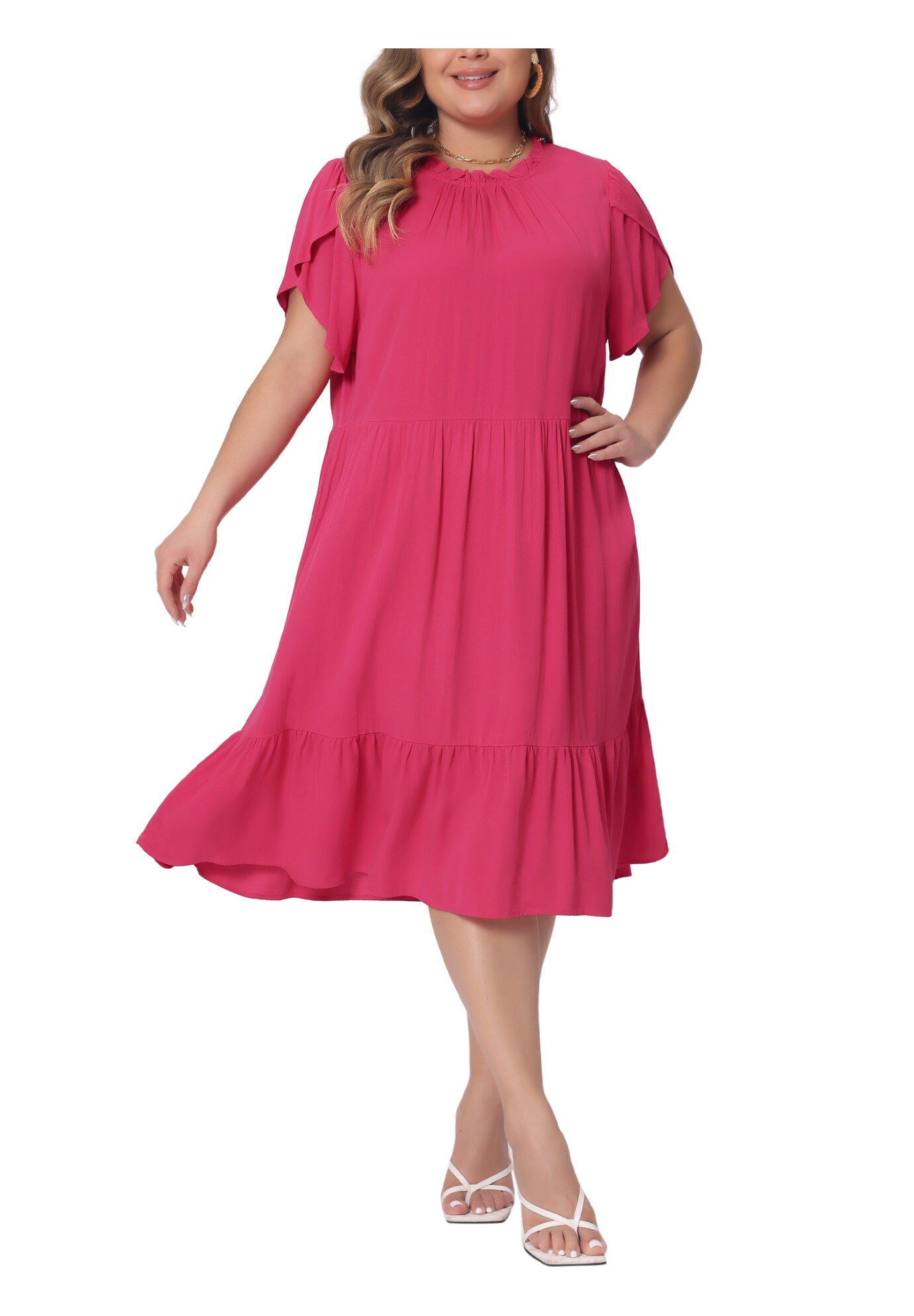 TIE BACK PETAL SLEEVE MOCK NECK RUFFLE HEM A-LINE SWING MIDI DRESS, Hot Pink / Pink, alternate image number 4