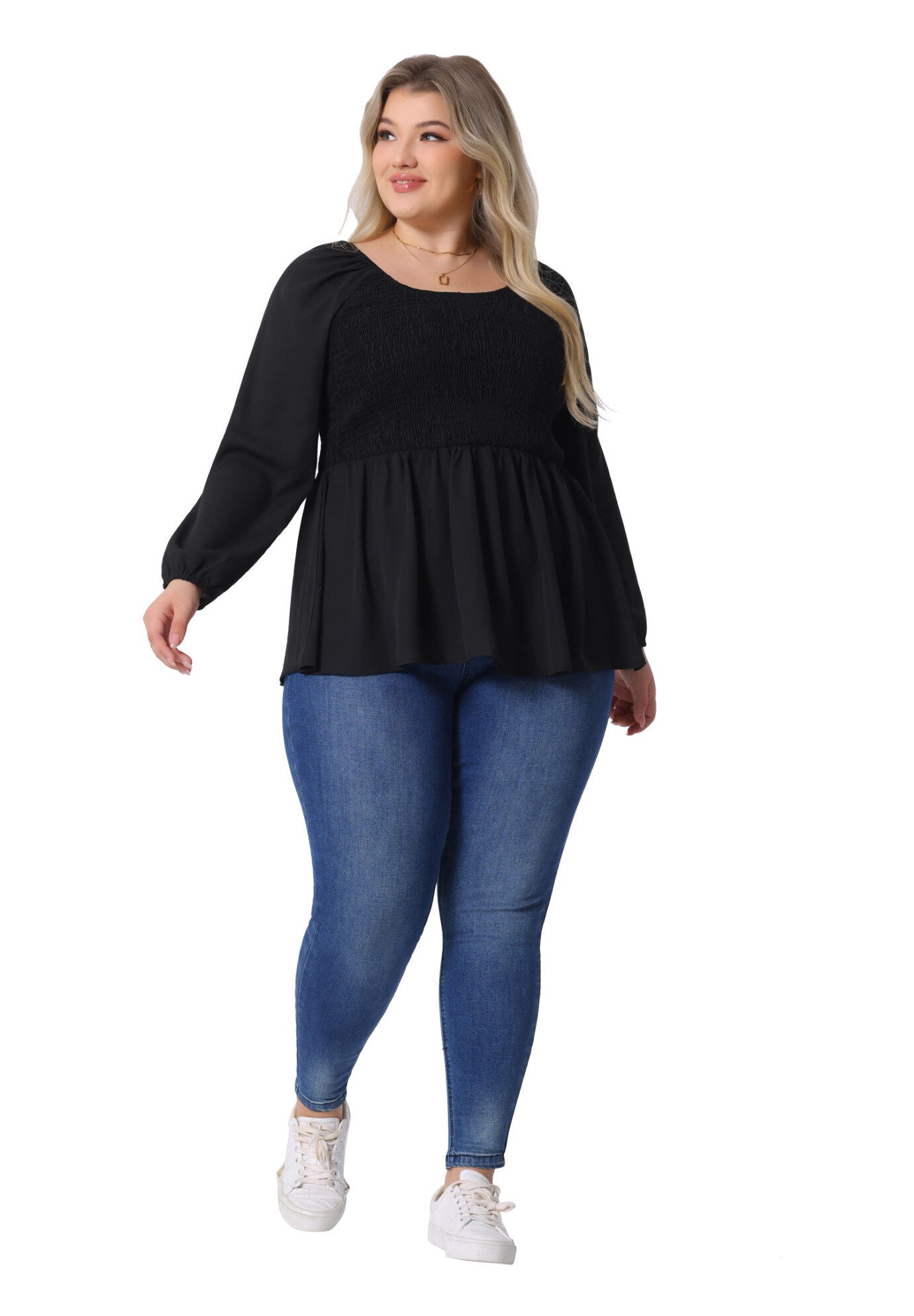 Smocked Peplum Crew Neck Long Sleeve Babydoll Chiffon Shirt Top, Black / Black, hi-res image number 0