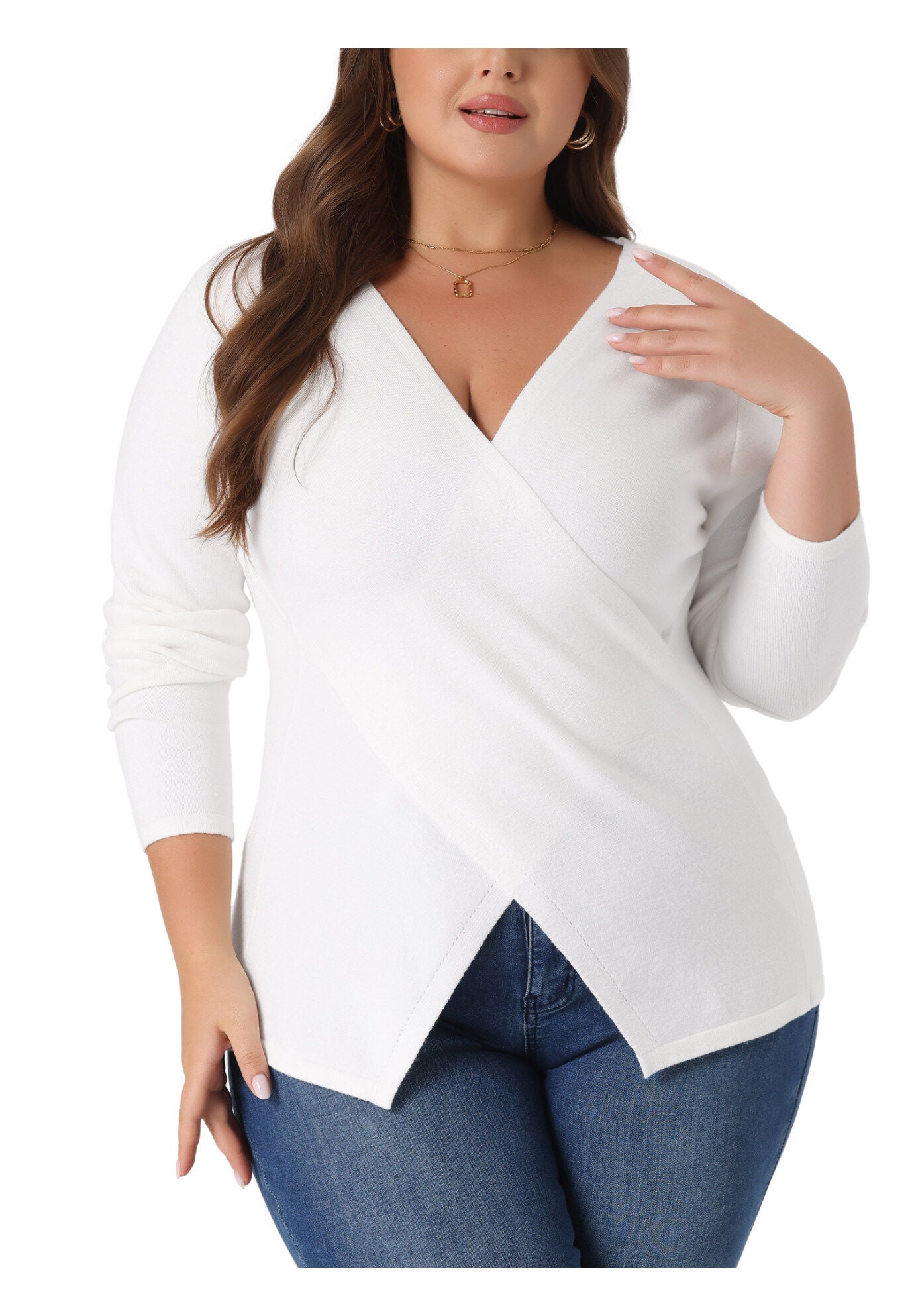 Wrap V Neck Criss Cross Asymmetrical Knit Top, White / White, alternate image number 2