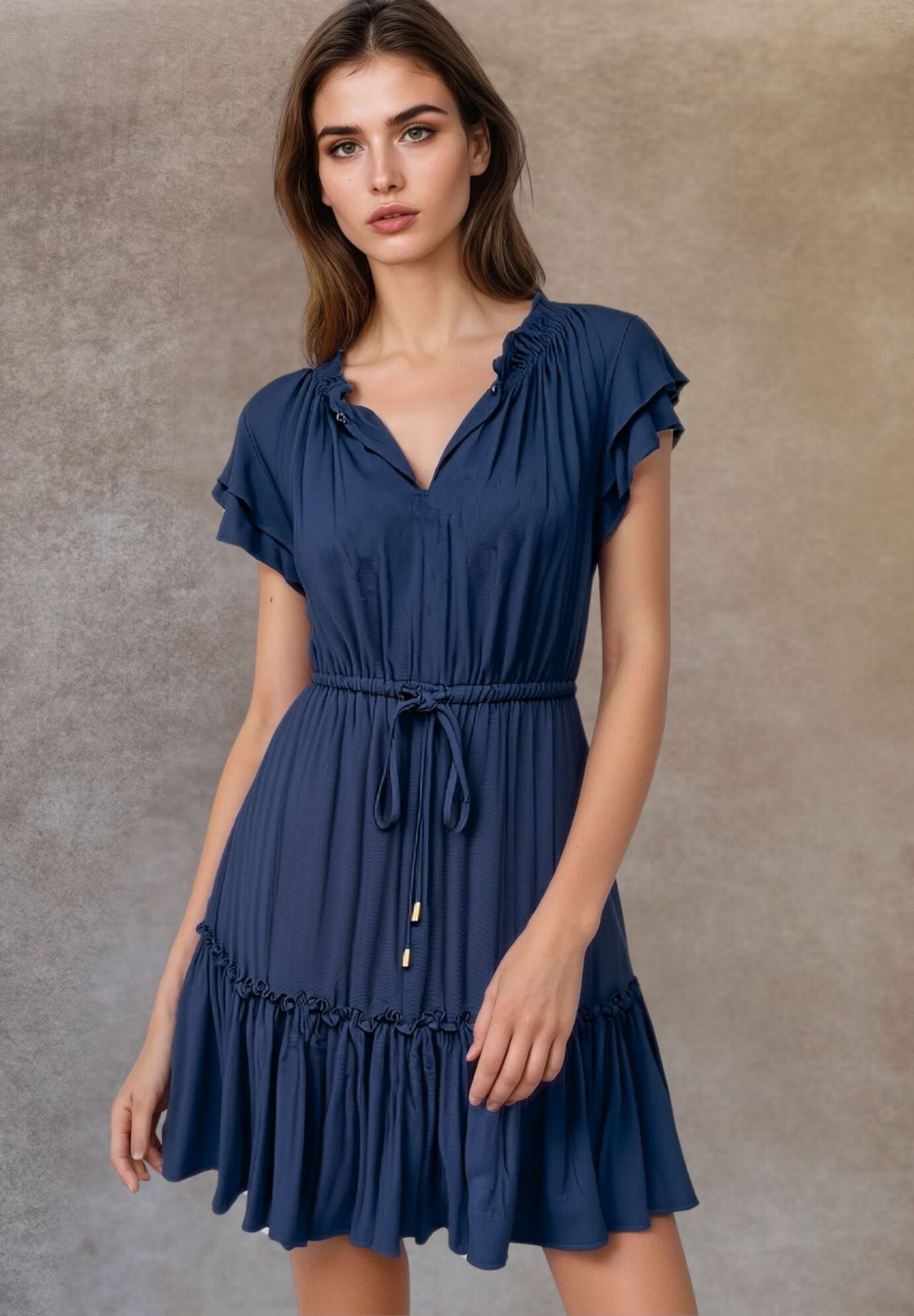 Annick- Mireille Short Dress Frilled Sleeves Tiered Tie Waist, Navy / Navy, alternate image number 2