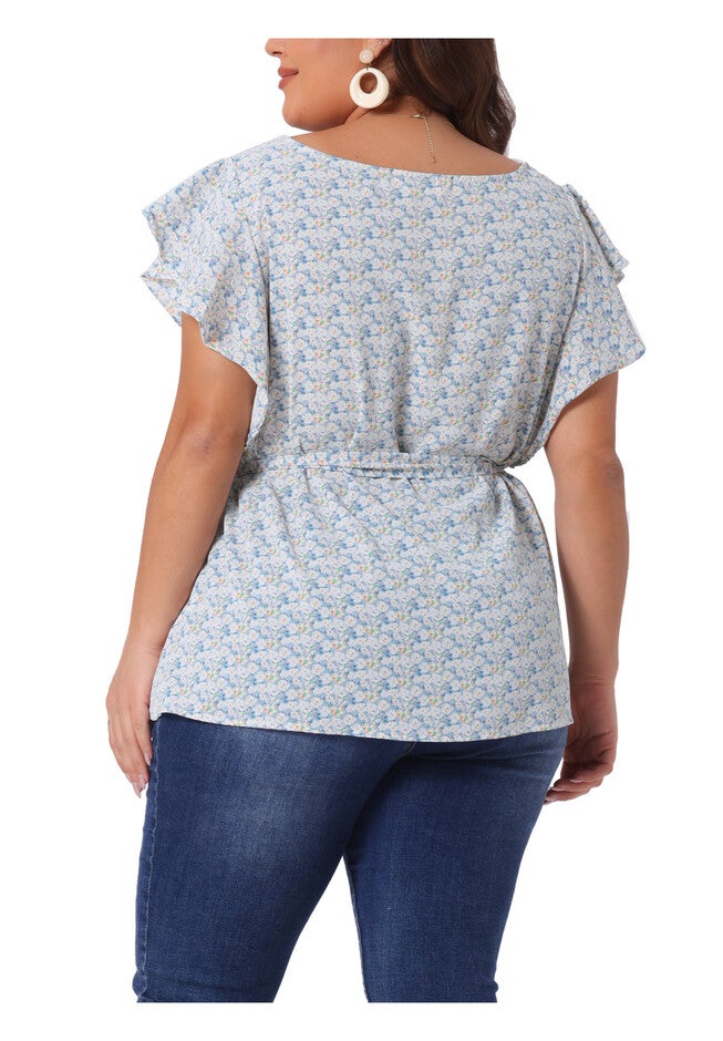 Summer Top Floral Tie Waist Short Sleeves Casual Blouse, Blue / Light Blue, alternate image number null