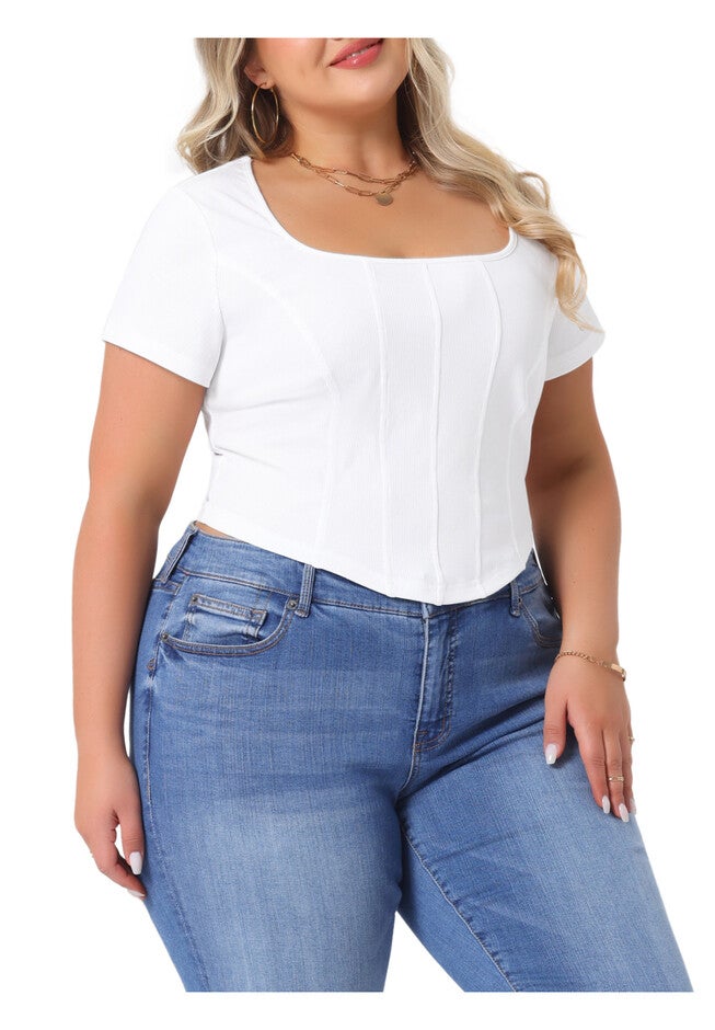 Short Sleeve Square Neck Slim Fitted Crop Top, White / White, alternate image number 1