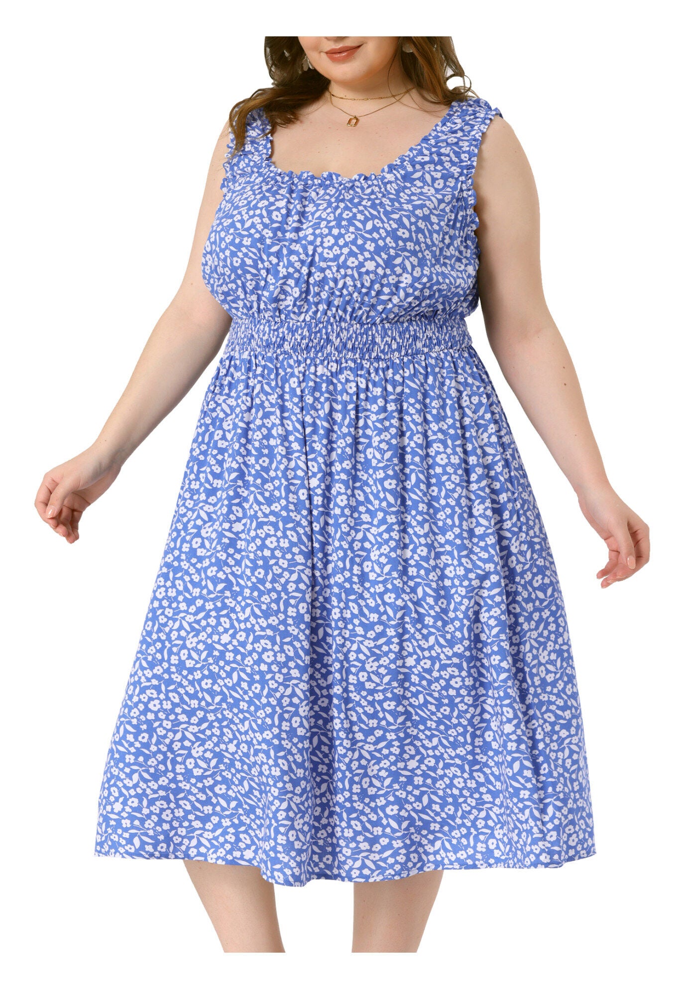 Square Neck Floral Stretchy Waist Midi Summer Dress, Blue / Light Blue, alternate image number 1