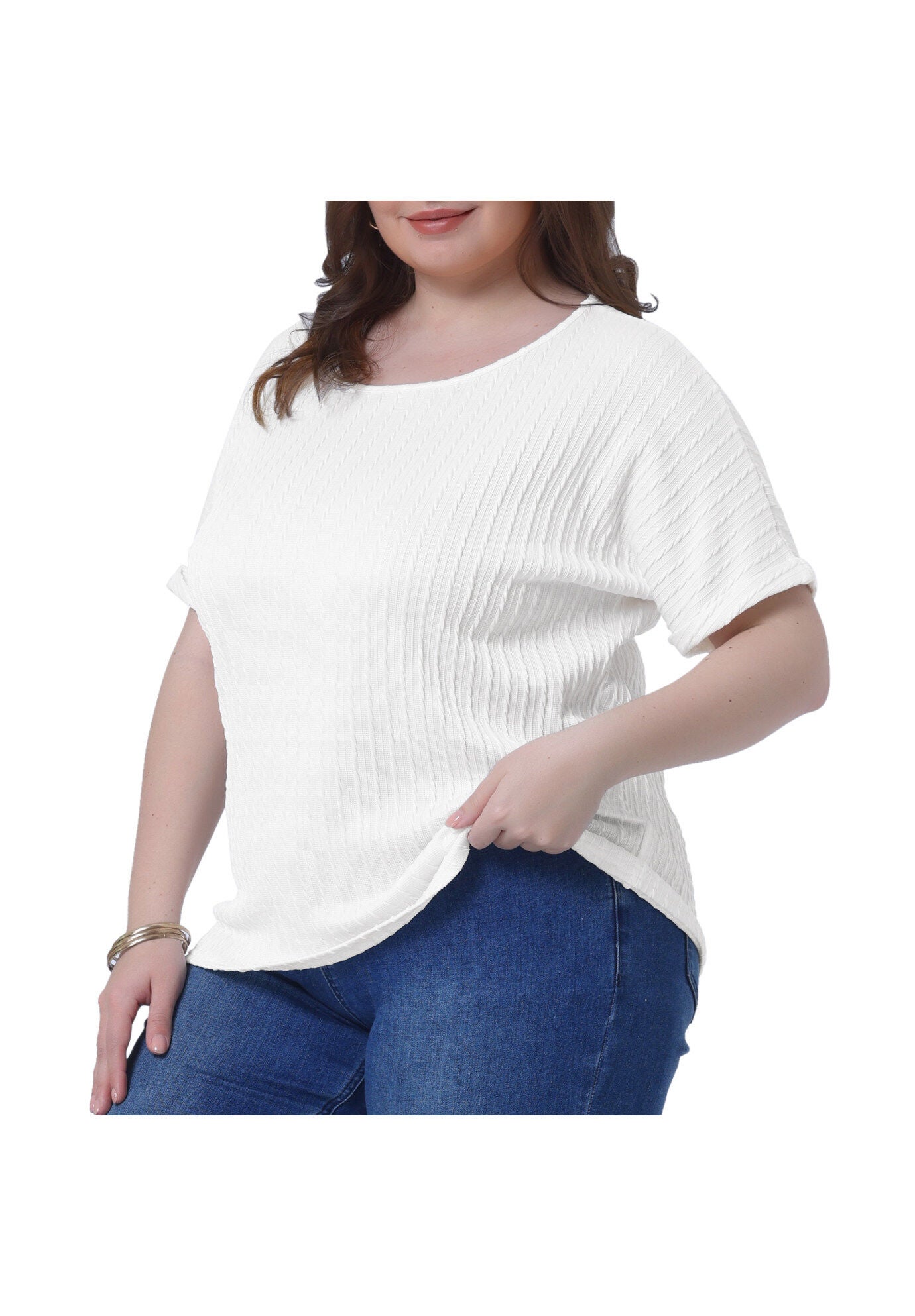 Textured Rolled Short Sleeve Crew Neck T-Shirts Blouses, White / White, alternate image number 2