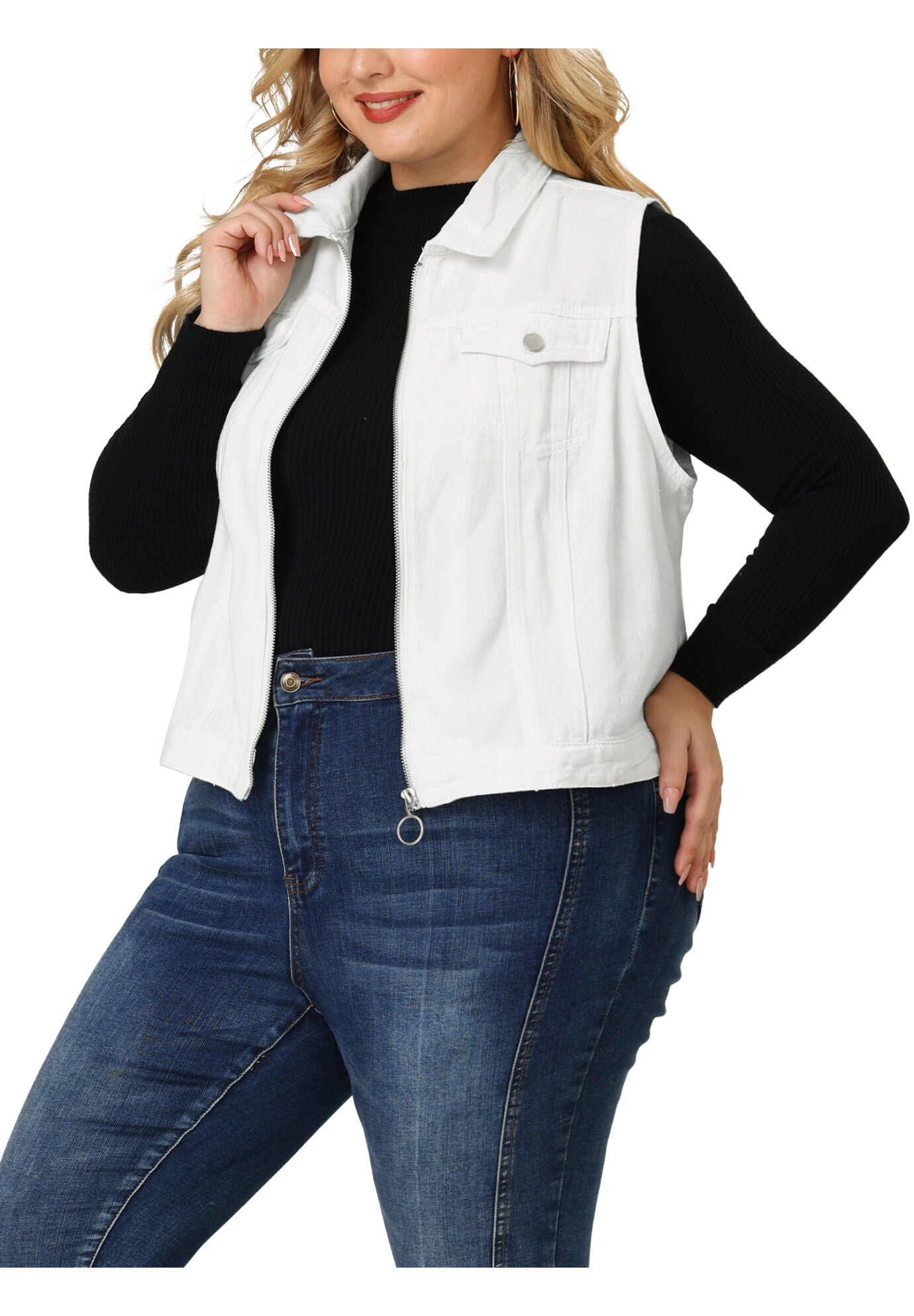 DENIM SLEEVELESS ZIP UP BUTTON DOWN JEANS JACKET VEST, White / White, alternate image number 2