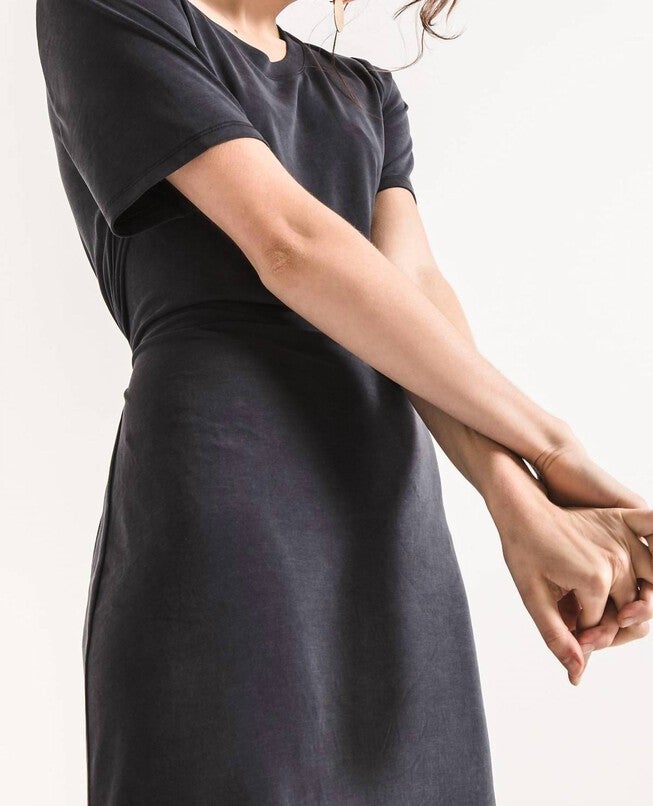 LUXE MODAL TIE WAIST DRESS IN BLACK CHARCOAL, , alternate image number null