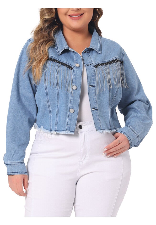 FRAYED HEM TASSEL BUTTON JEANS CROPPED DENIM JACKET, Blue / Light Blue, alternate image number 2