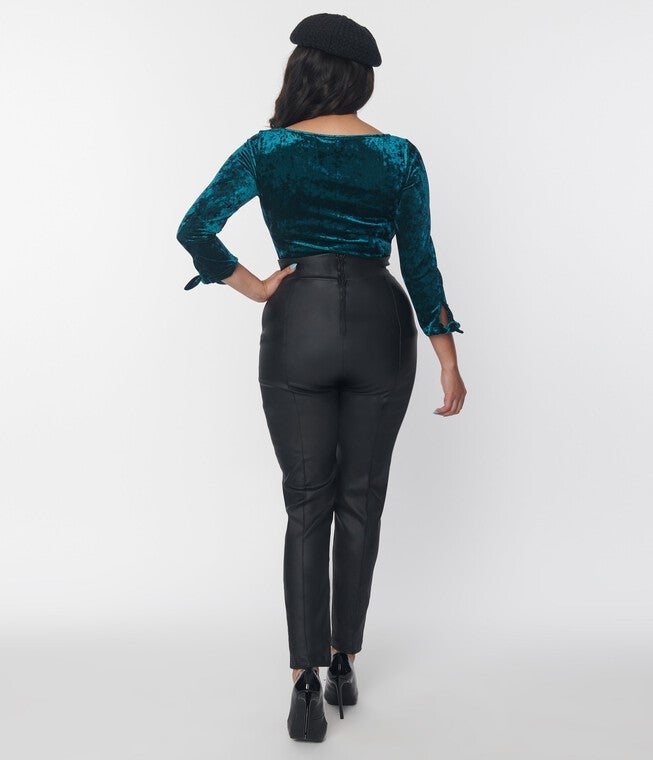 Unique Vintage Black Leatherette High Waist Pintuck Pants, Black / Black, alternate image number 3