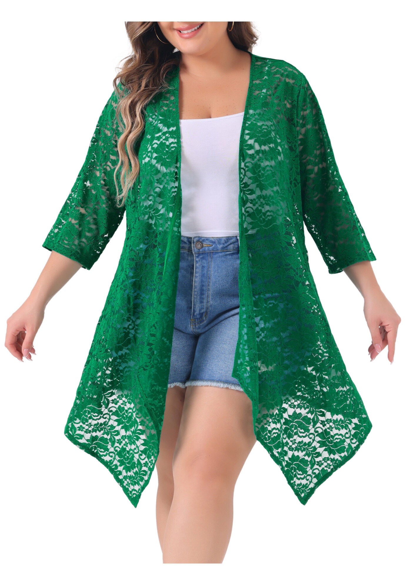OPEN FRONT 3/4 SLEEVES CROCHET CARDIGAN COVER UP, Dark Green / Kelly Green, hi-res image number 0
