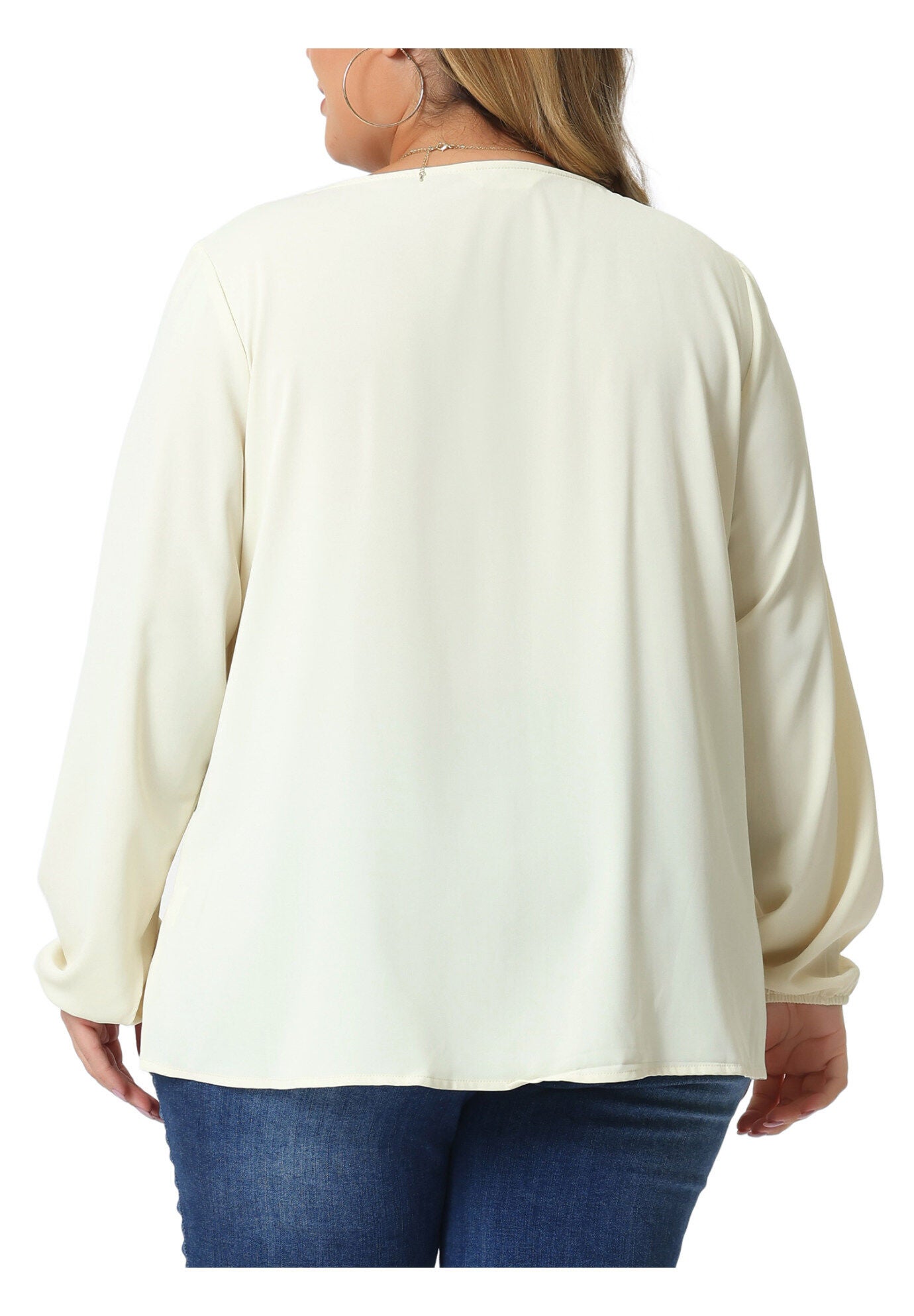 Long Sleeve Flowy Shirt Pleated V Neck Blouse, Apricot / Cream, alternate image number 3