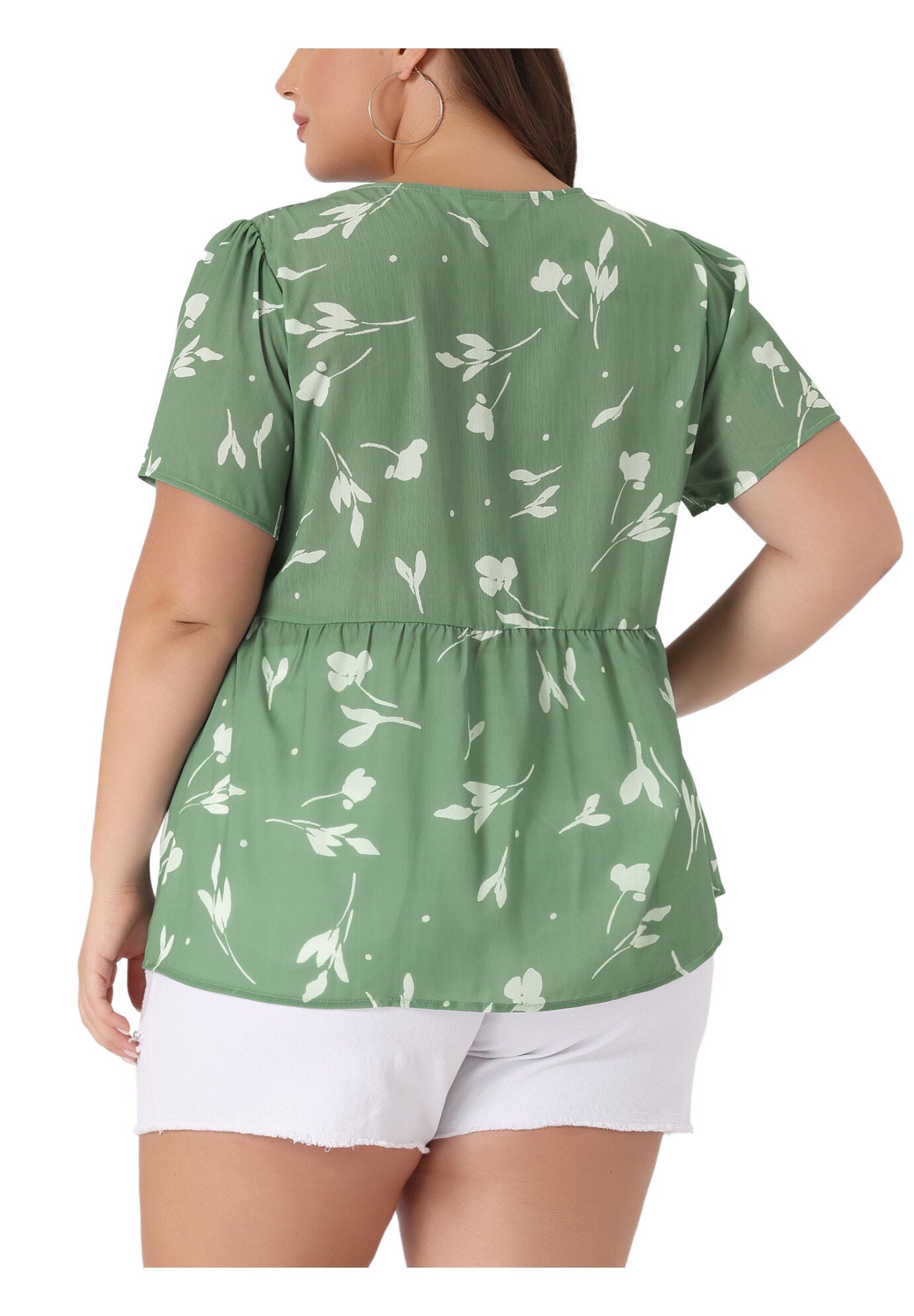 Chiffon Shirt V Neck Ruffle Short Sleeve Floral Peplum Top, Green / Sage Green, alternate image number 4