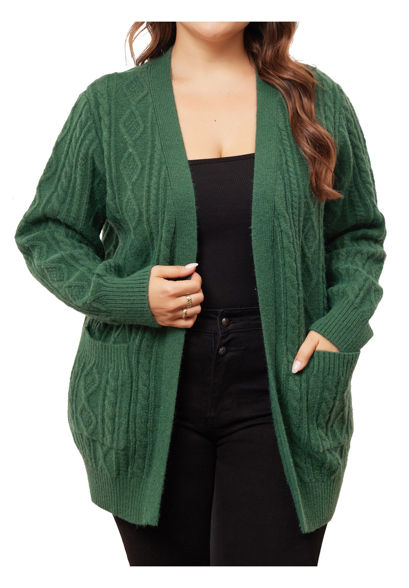OPEN FRONT LIGHTWEIGHT SWEATER CARDIGAN WITH POCKETS, Dark Green / Forest Green, alternate image number 1
