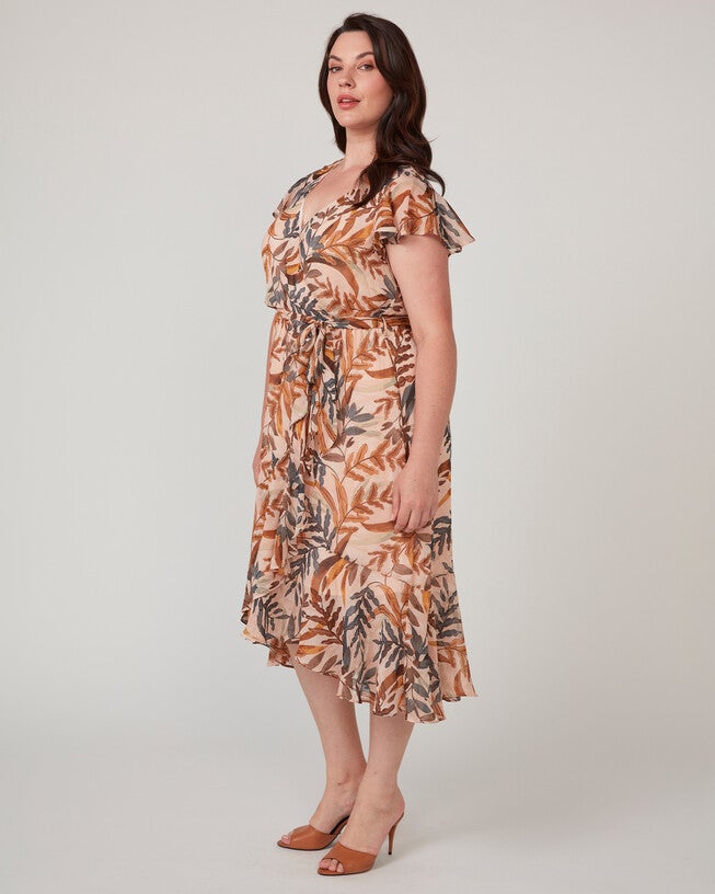 Tropic Leaves Pink Floral Wrap Midi Dress, , alternate image number 7
