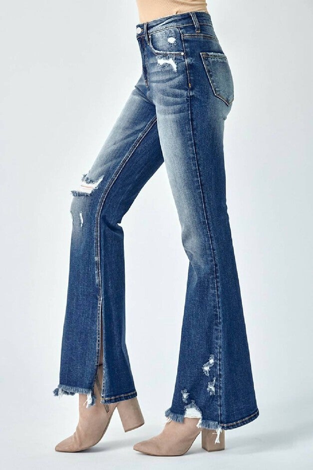 WOMEN'S FLARE DISTRESSED HIGH RISE SLIT JEANS IN BLUE, , alternate image number null