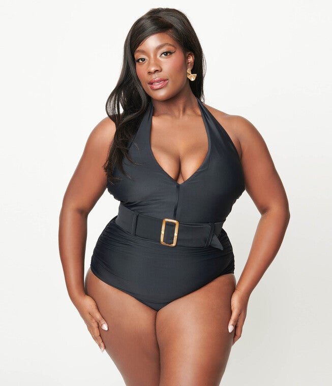 Unique Vintage Black Belted Halter Swimsuit, Black / Black, alternate image number null
