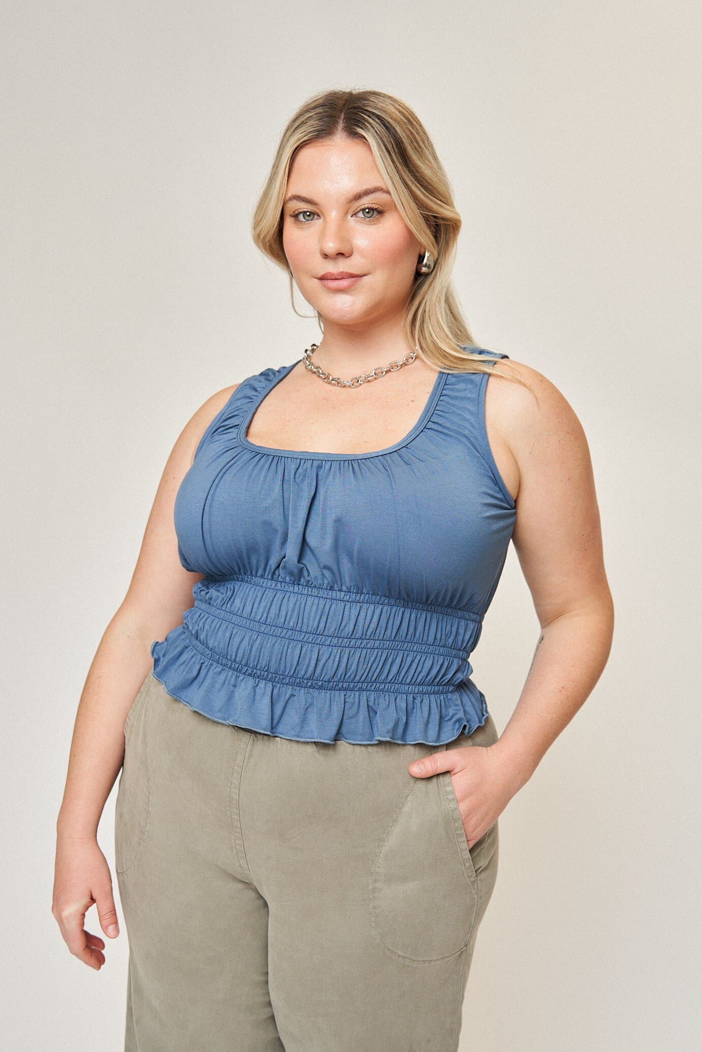 Molly Shirred Waist Top, Denim Blue / Dusty Blue, hi-res image number 0