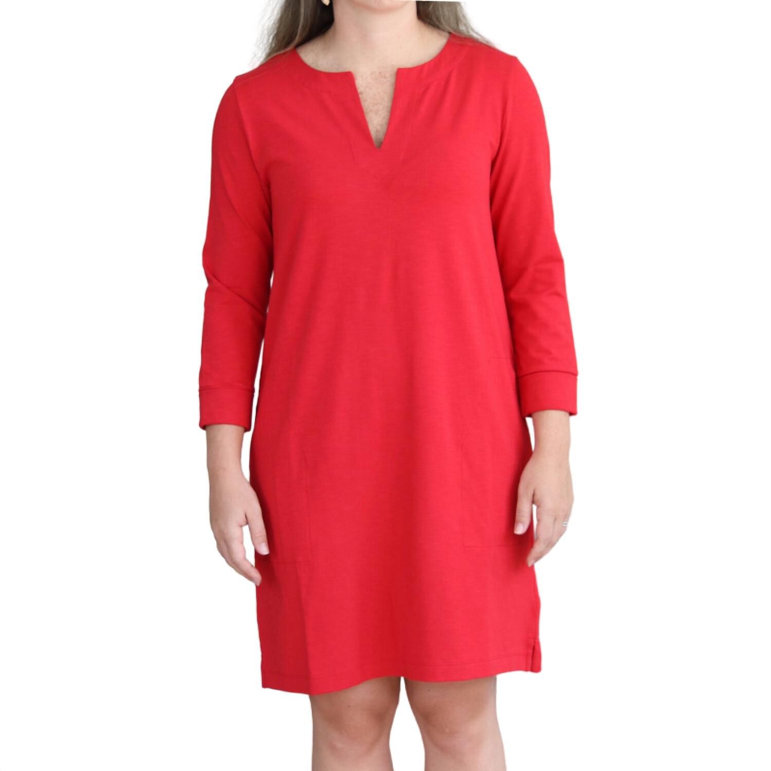 3/4 SLEEVE SPLIT NECK DRESS IN RUBY, Ruby / Red, hi-res image number 0