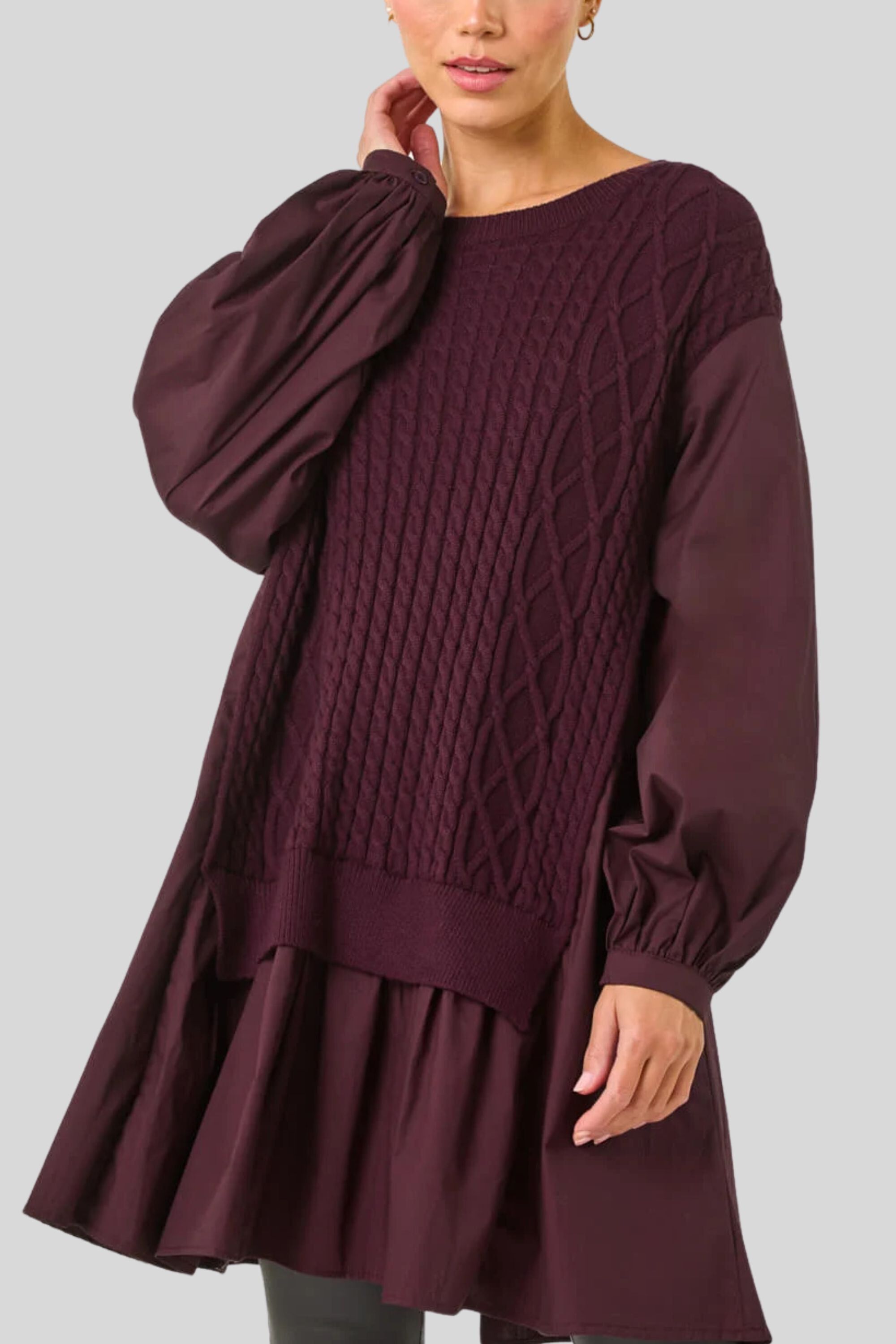 Annick - Helga Oversize Faux Layer Tunic Shirt Dress, Burgundy / Burgundy, hi-res image number 0