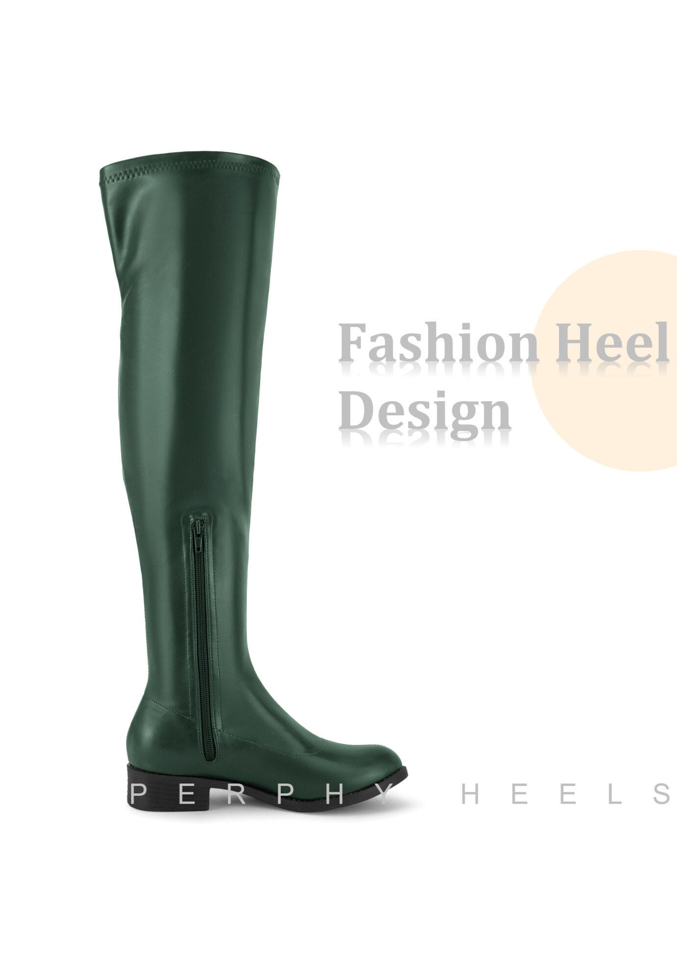 Round Toe Low Block Heel Over the Knee High Boots, Dark Green / Forest Green, alternate image number 2