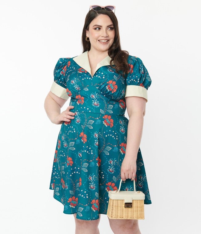 Unique Vintage Teal & Red Floral Chain Print Swing Dress, TealFloral / Teal, alternate image number 1