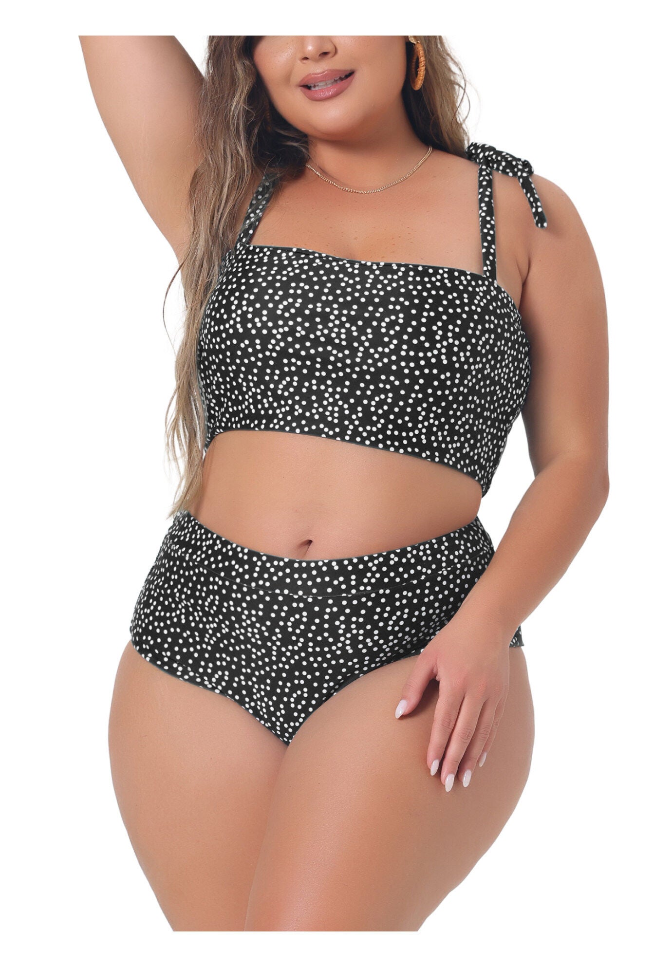 Two Piece Swimsuit Polka Dots Bikini Bandeau, Black / Black, alternate image number 1