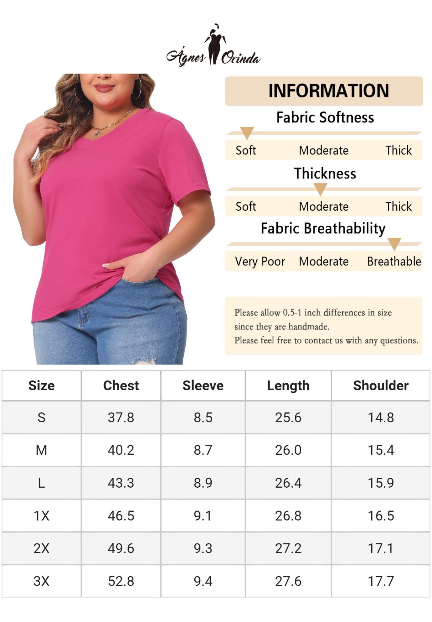 Short Sleeve V Neck Basic T-Shirt Top, Hot Pink / Magenta, alternate image number 4