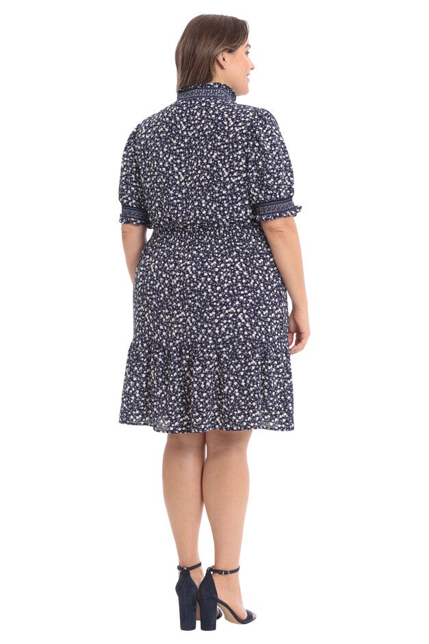 Smocked waist and puff sleeve tiered skirt dress, NavyWhite / Navy, alternate image number null